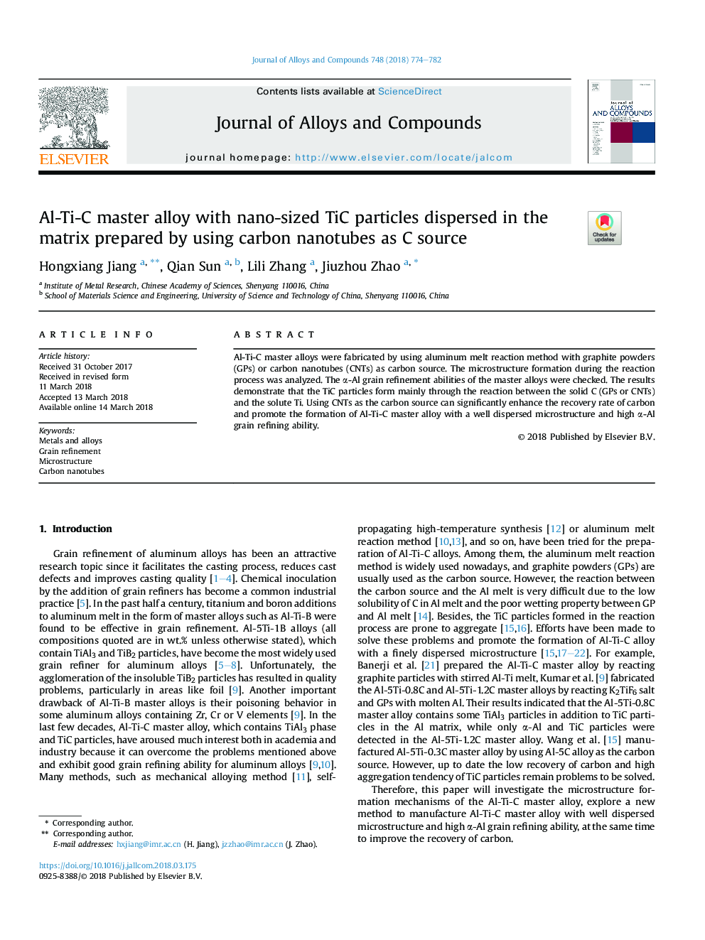 Al-Ti-C master alloy with nano-sized TiC particles dispersed in the matrix prepared by using carbon nanotubes as C source