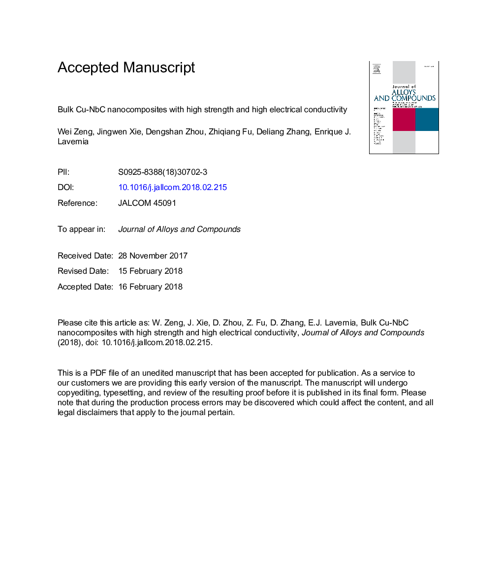 Bulk Cu-NbC nanocomposites with high strength and high electrical conductivity