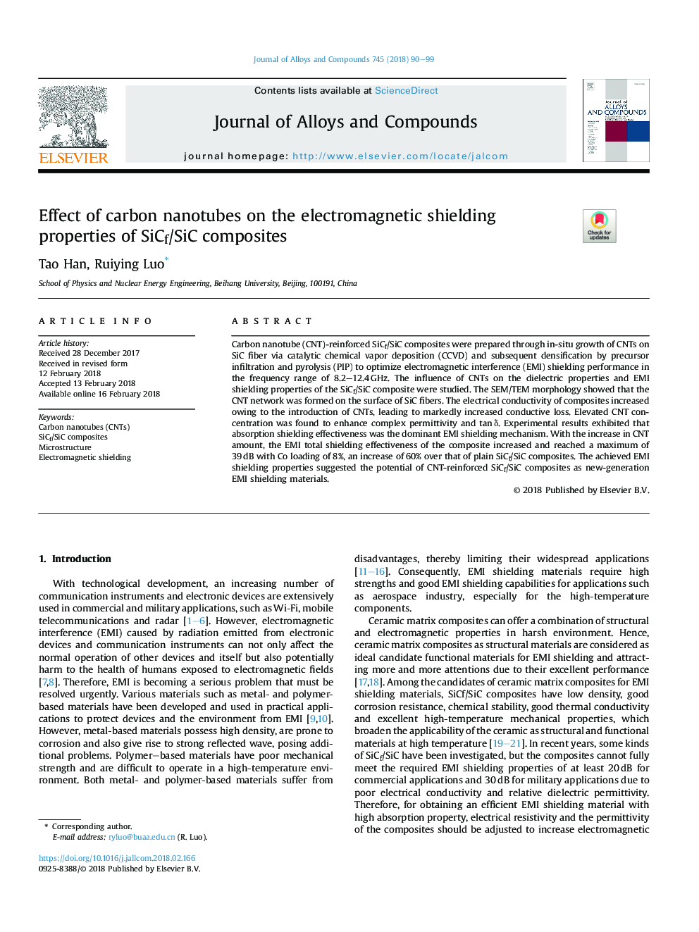 Effect of carbon nanotubes on the electromagnetic shielding properties of SiCf/SiC composites