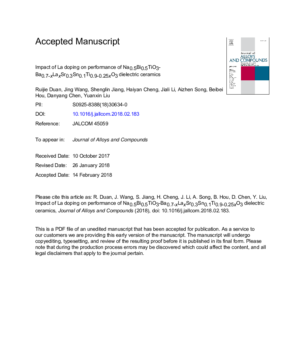 Impact of La doping on performance of Na0.5Bi0.5TiO3-Ba0.7-xLaxSr0.3Sn0.1Ti0.9-0.25xO3 dielectric ceramics