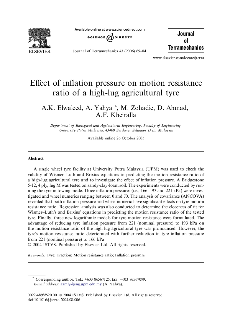 Effect of inflation pressure on motion resistance ratio of a high-lug agricultural tyre