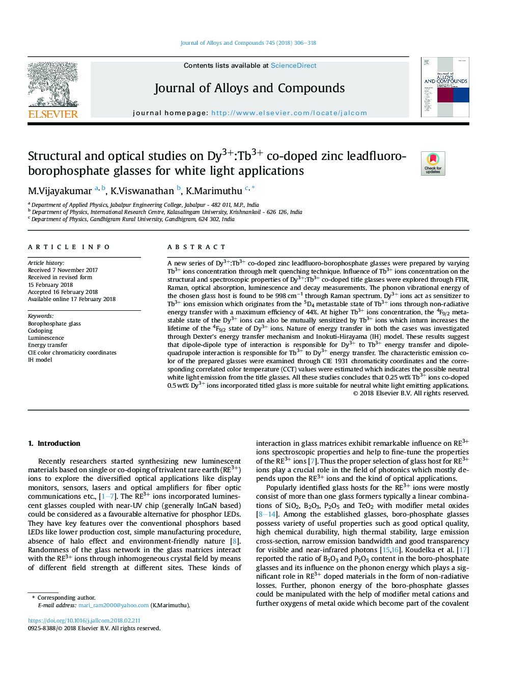 Structural and optical studies on Dy3+:Tb3+ co-doped zinc leadfluoro-borophosphate glasses for white light applications