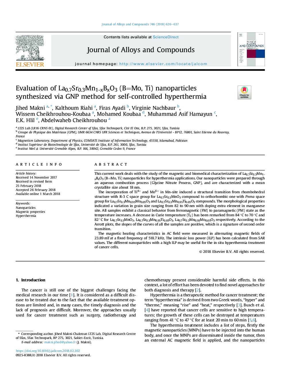 Evaluation of La0.7Sr0.3Mn1-xBxO3 (B=Mo, Ti) nanoparticles synthesized via GNP method for self-controlled hyperthermia