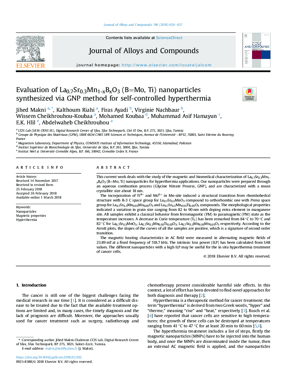 عکس صفحه اول مقاله: Evaluation of La0.7Sr0.3Mn1-xBxO3 (B=Mo, Ti) nanoparticles synthesized via GNP method for self-controlled hyperthermia Evaluation of La0.7Sr0.3Mn1-xBxO3 (B=Mo, Ti) nanoparticles synthesized via GNP method for self-controlled hyperthermia