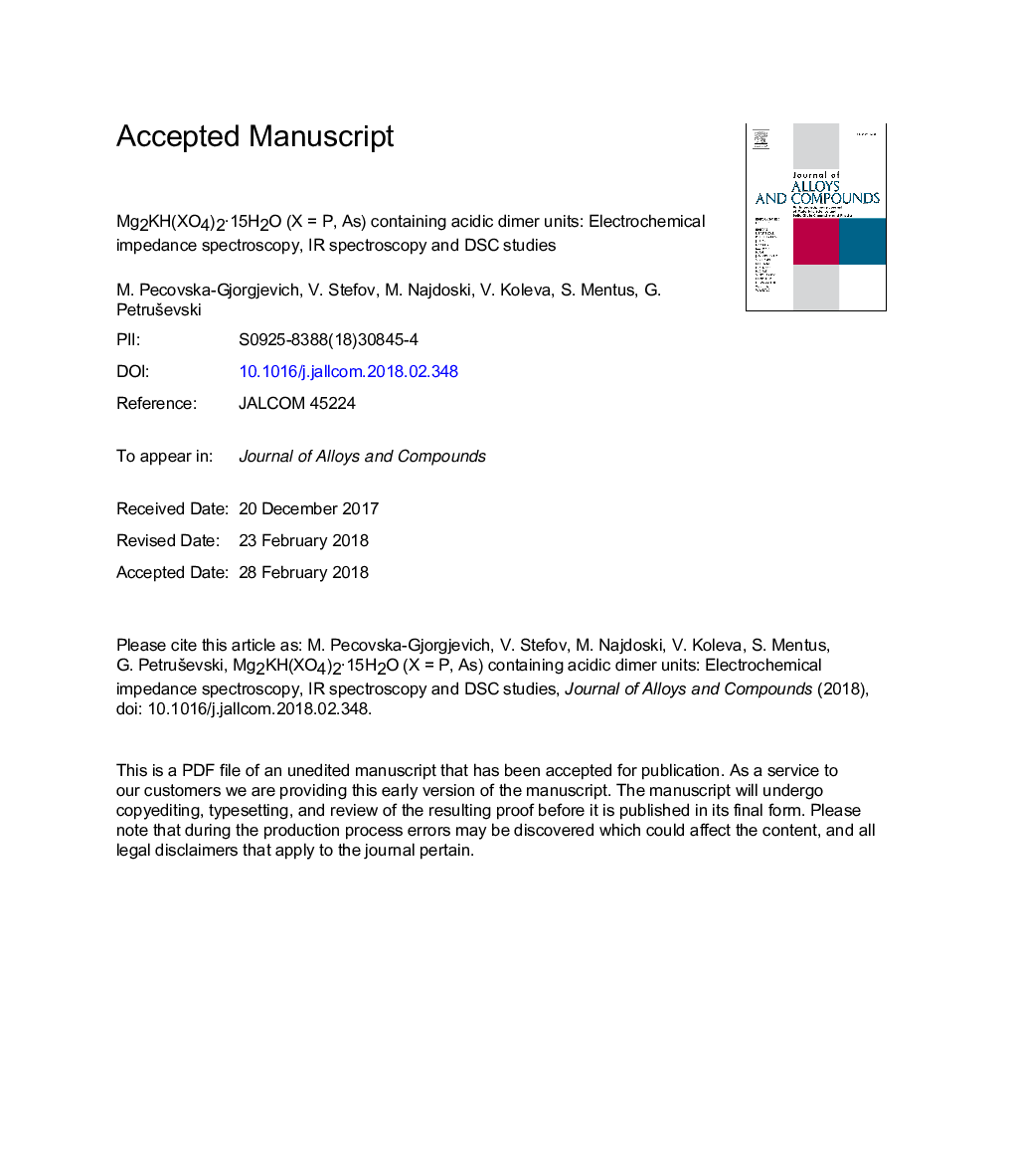 Mg2KH(XO4)2Â·15H2O (XÂ = P, As) containing acidic dimer units: Electrochemical impedance spectroscopy, IR spectroscopy and DSC studies