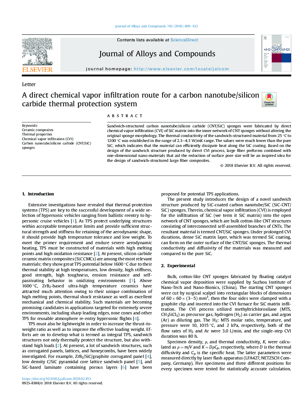 A direct chemical vapor infiltration route for a carbon nanotube/silicon carbide thermal protection system