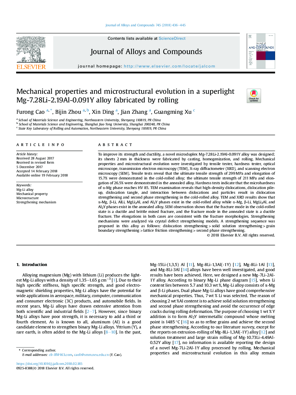 Mechanical properties and microstructural evolution in a superlight Mg-7.28Li-2.19Al-0.091Y alloy fabricated by rolling