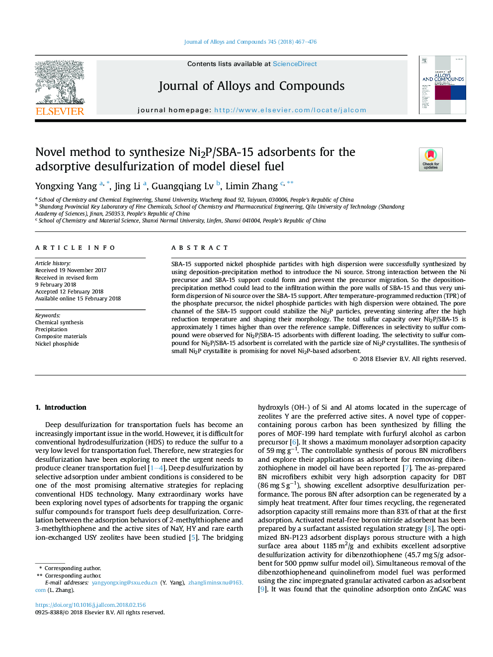 Novel method to synthesize Ni2P/SBA-15 adsorbents for the adsorptive desulfurization of model diesel fuel