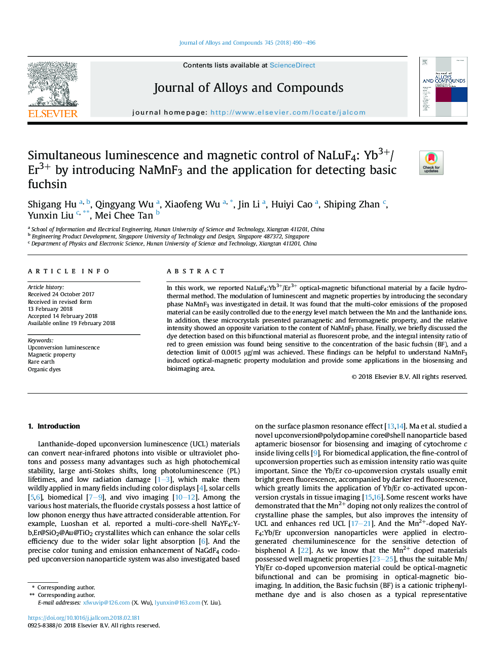 Simultaneous luminescence and magnetic control of NaLuF4: Yb3+/Er3+ by introducing NaMnF3 and the application for detecting basic fuchsin