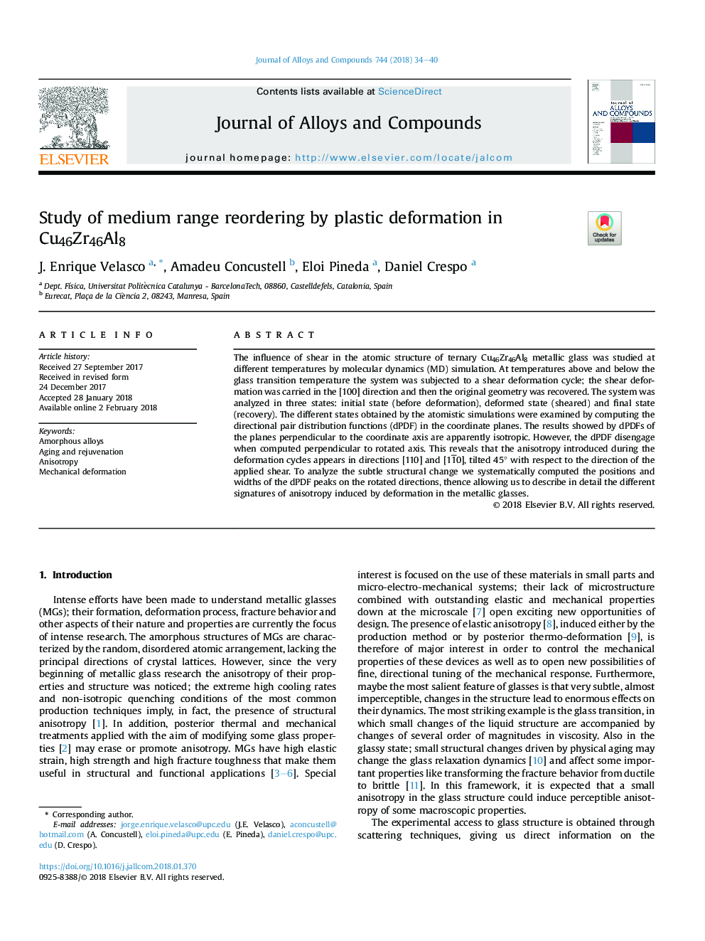 Study of medium range reordering by plastic deformation in Cu46Zr46Al8