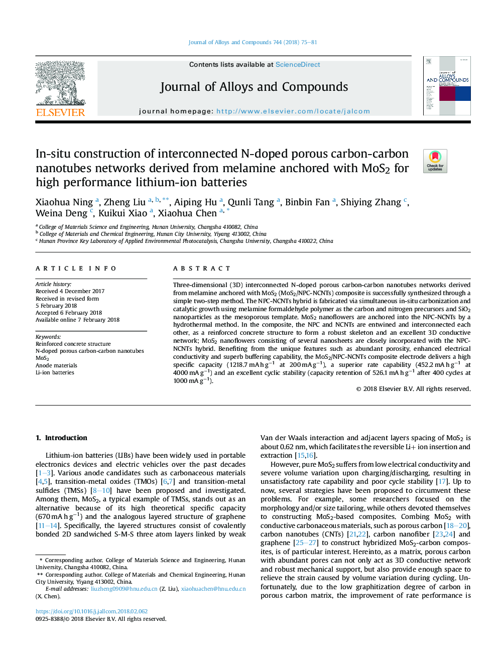 In-situ construction of interconnected N-doped porous carbon-carbon nanotubes networks derived from melamine anchored with MoS2 for high performance lithium-ion batteries