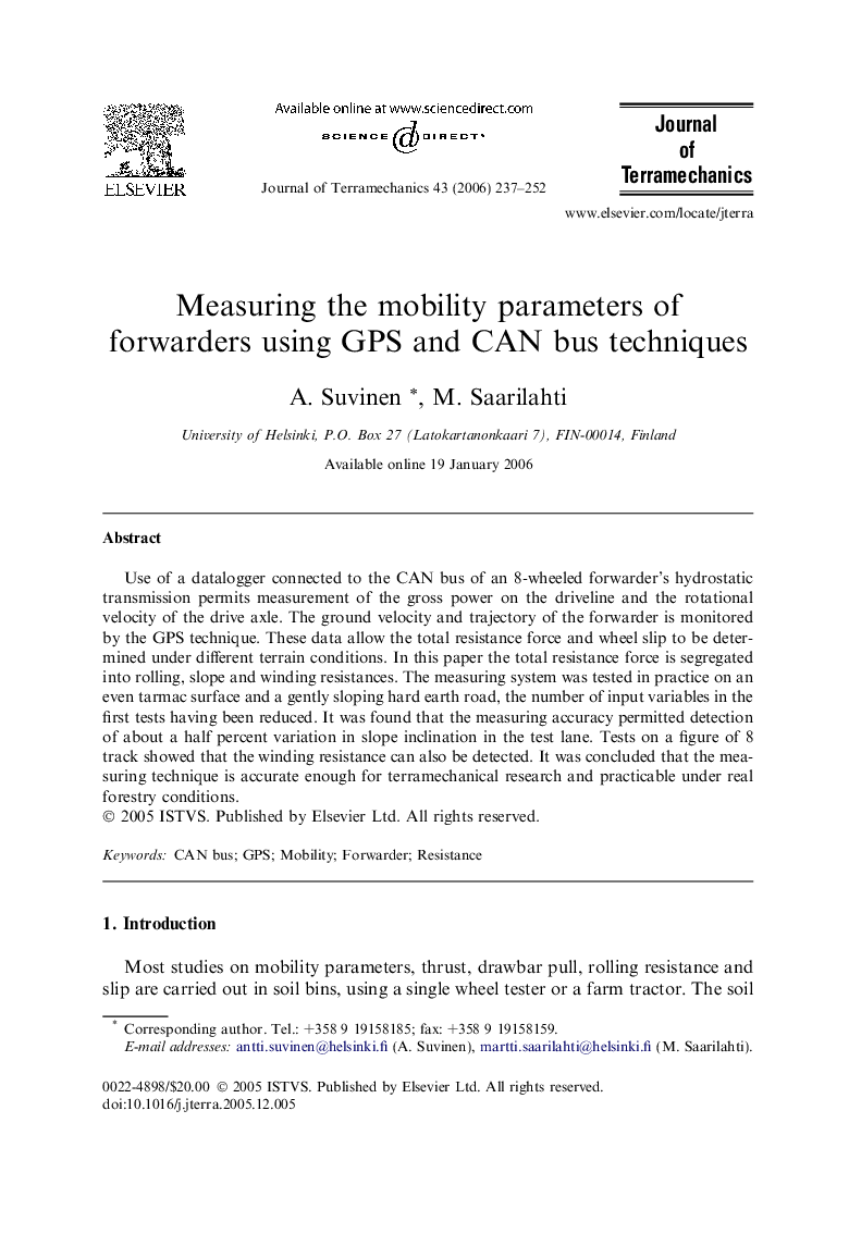 Measuring the mobility parameters of forwarders using GPS and CAN bus techniques