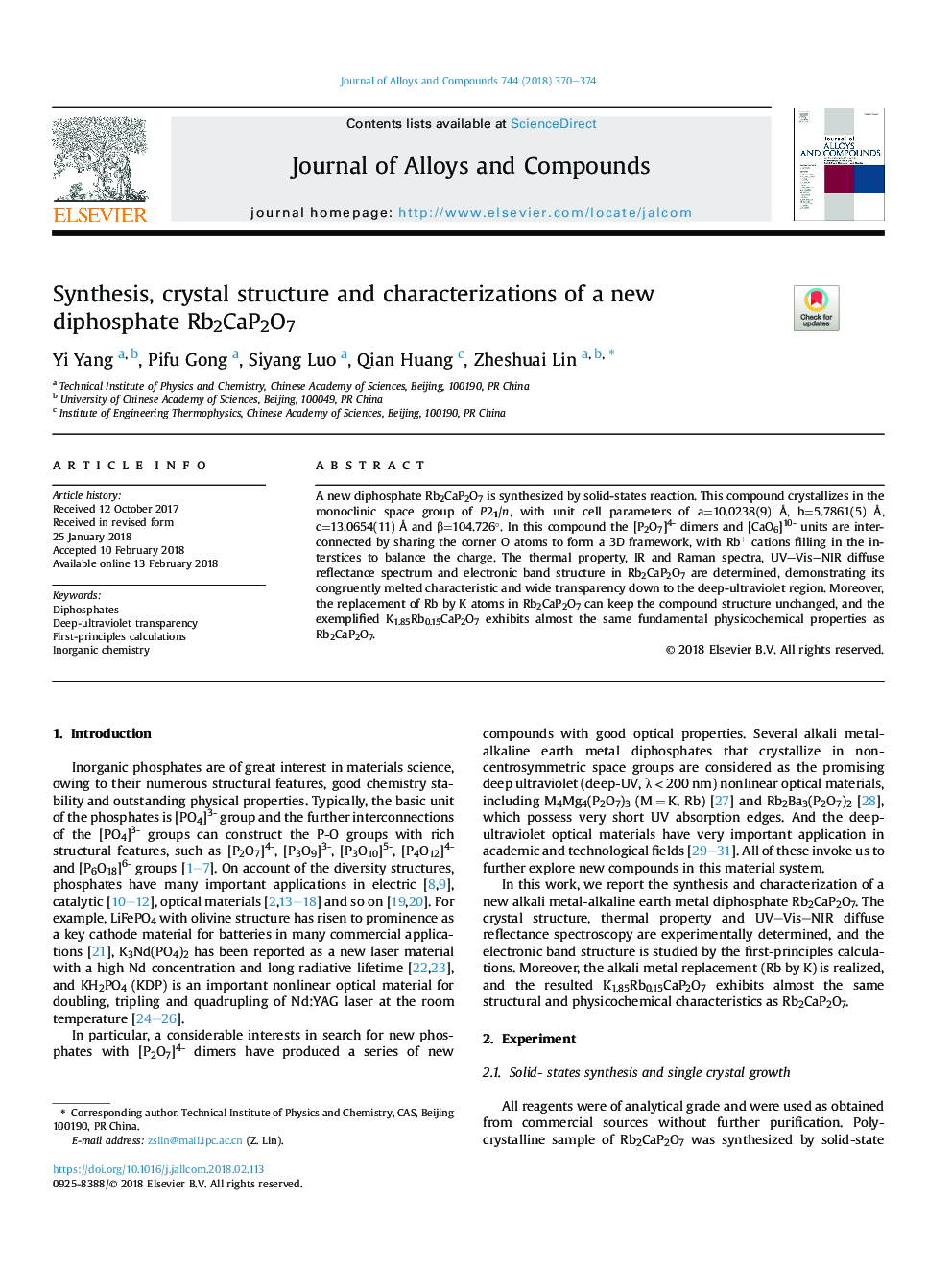 Synthesis, crystal structure and characterizations of a new diphosphate Rb2CaP2O7