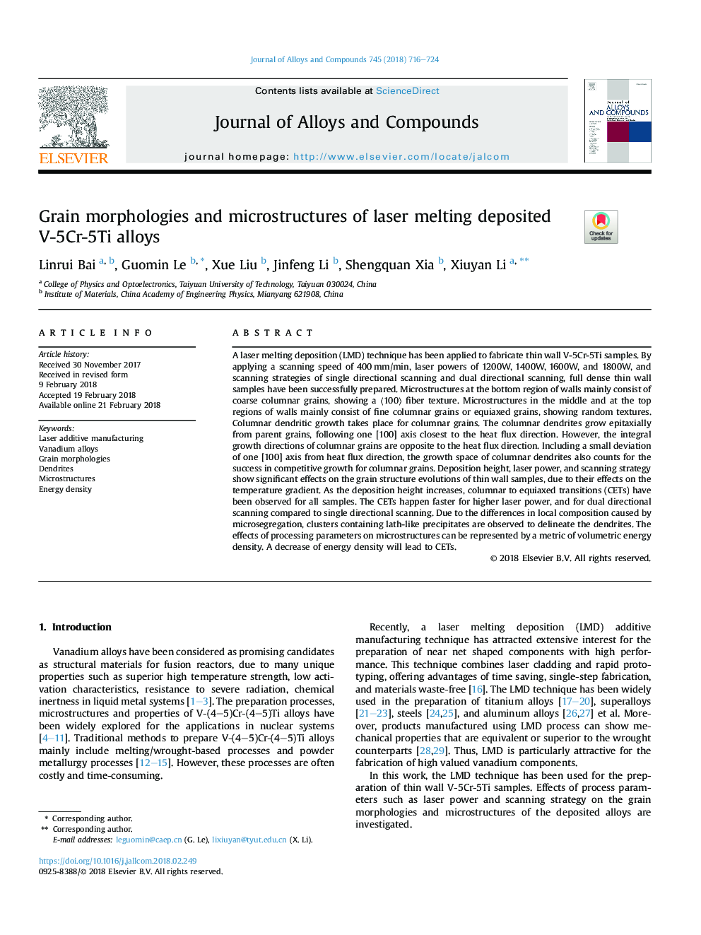 Grain morphologies and microstructures of laser melting deposited V-5Cr-5Ti alloys