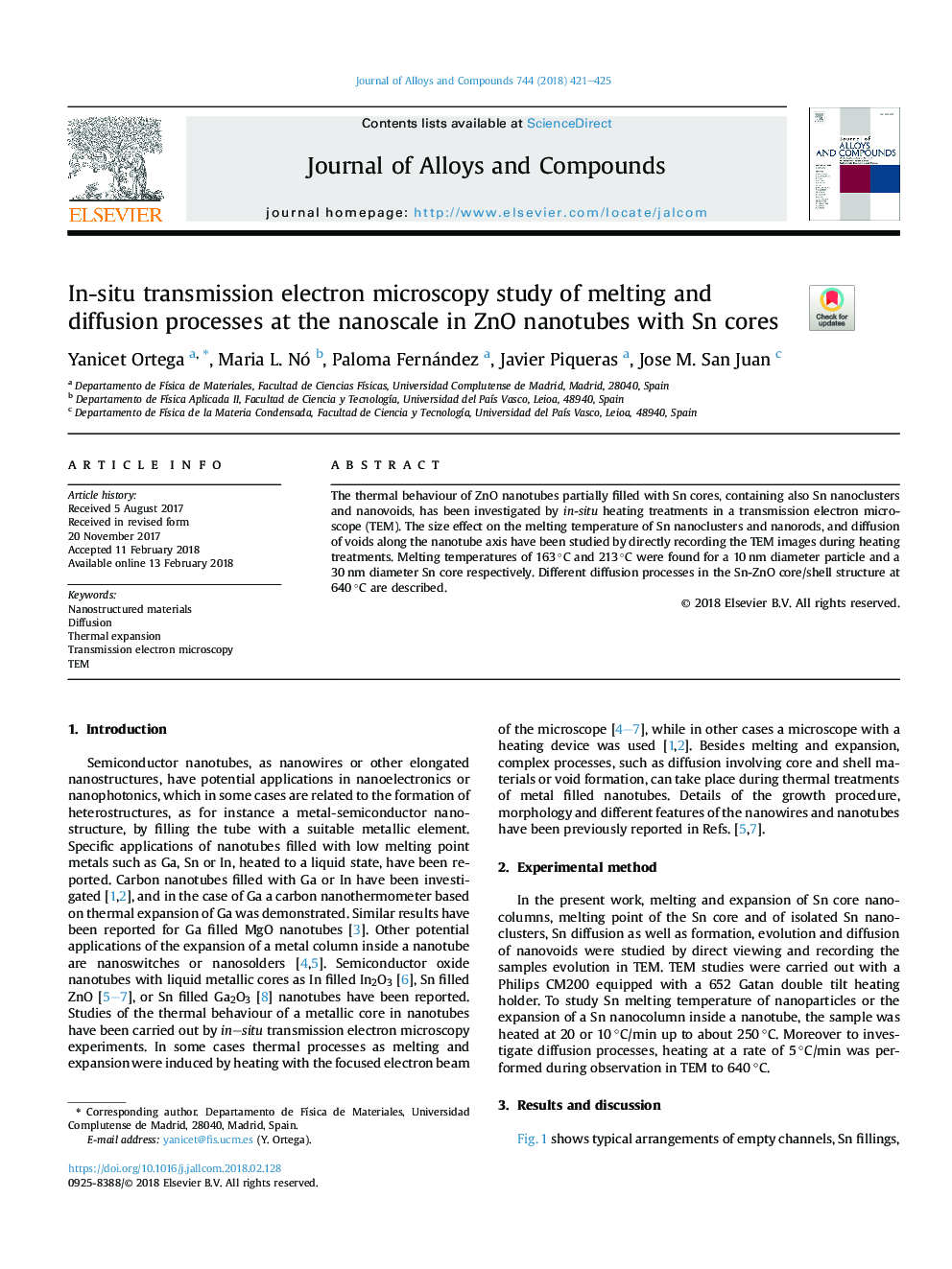 In-situ transmission electron microscopy study of melting and diffusion processes at the nanoscale in ZnO nanotubes with Sn cores