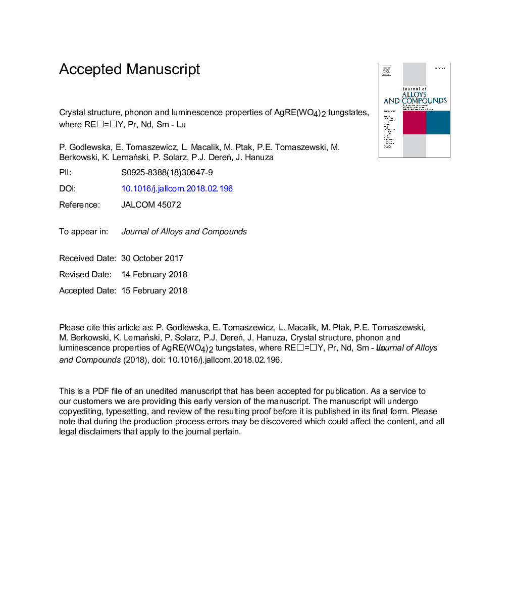 Crystal structure, phonon and luminescence properties of AgRE(WO4)2 tungstates, where REâ¯=â¯Y, Pr, Nd, Sm - Lu