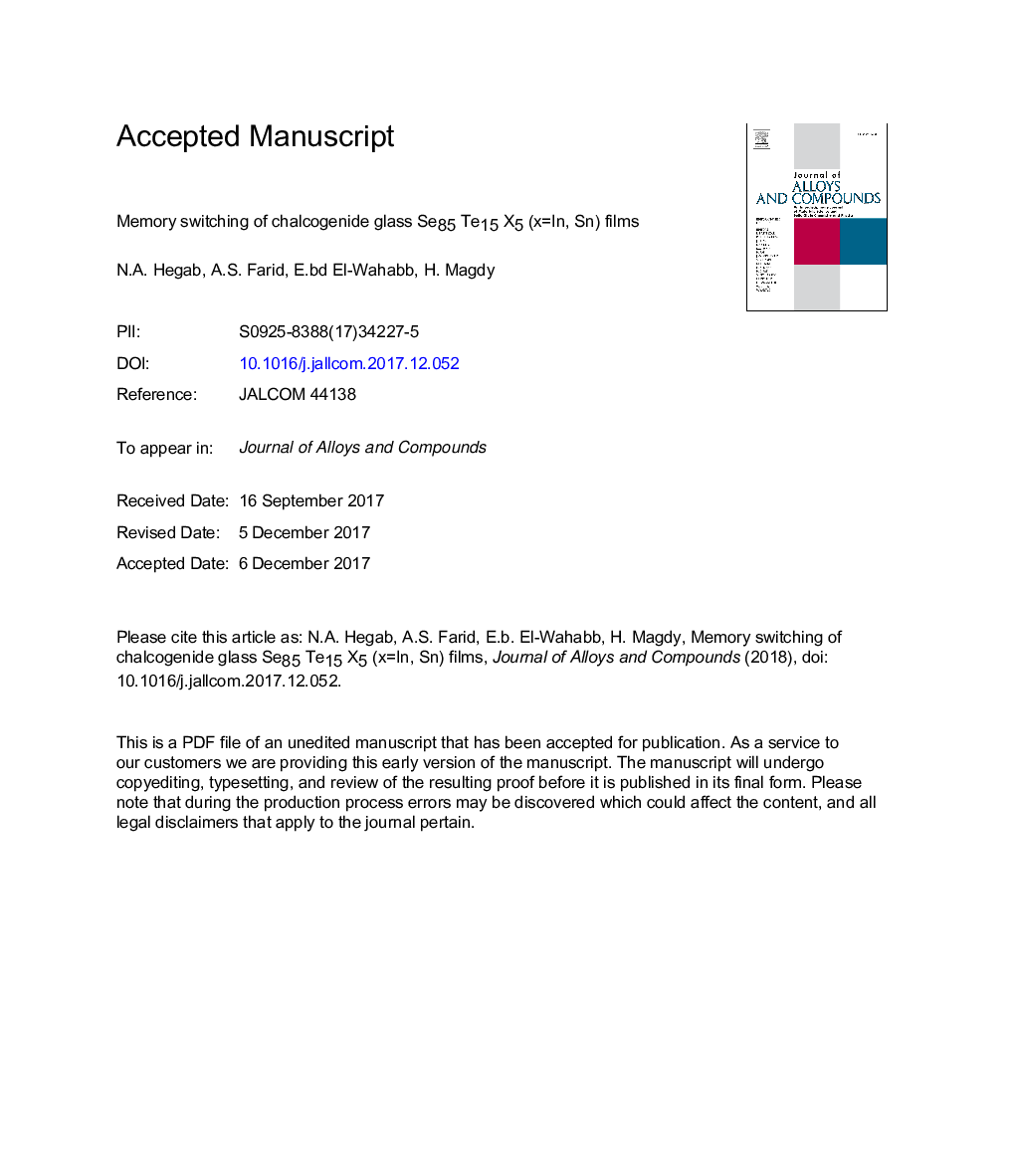 Memory switching of chalcogenide glass Se85 Te15 X5 (x=In, Sn) films