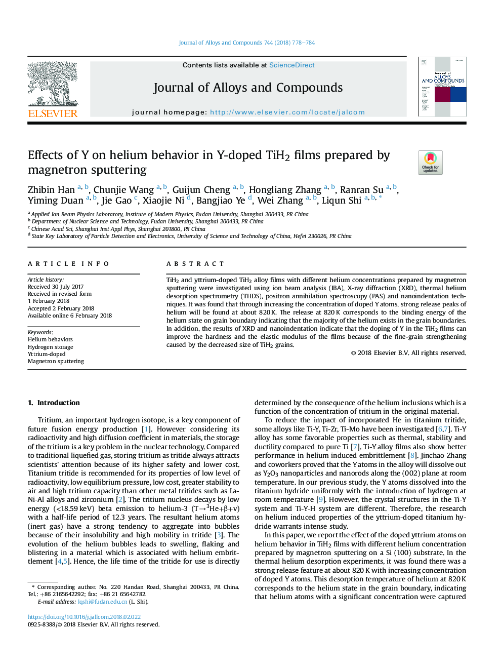 Effects of Y on helium behavior in Y-doped TiH2 films prepared by magnetron sputtering