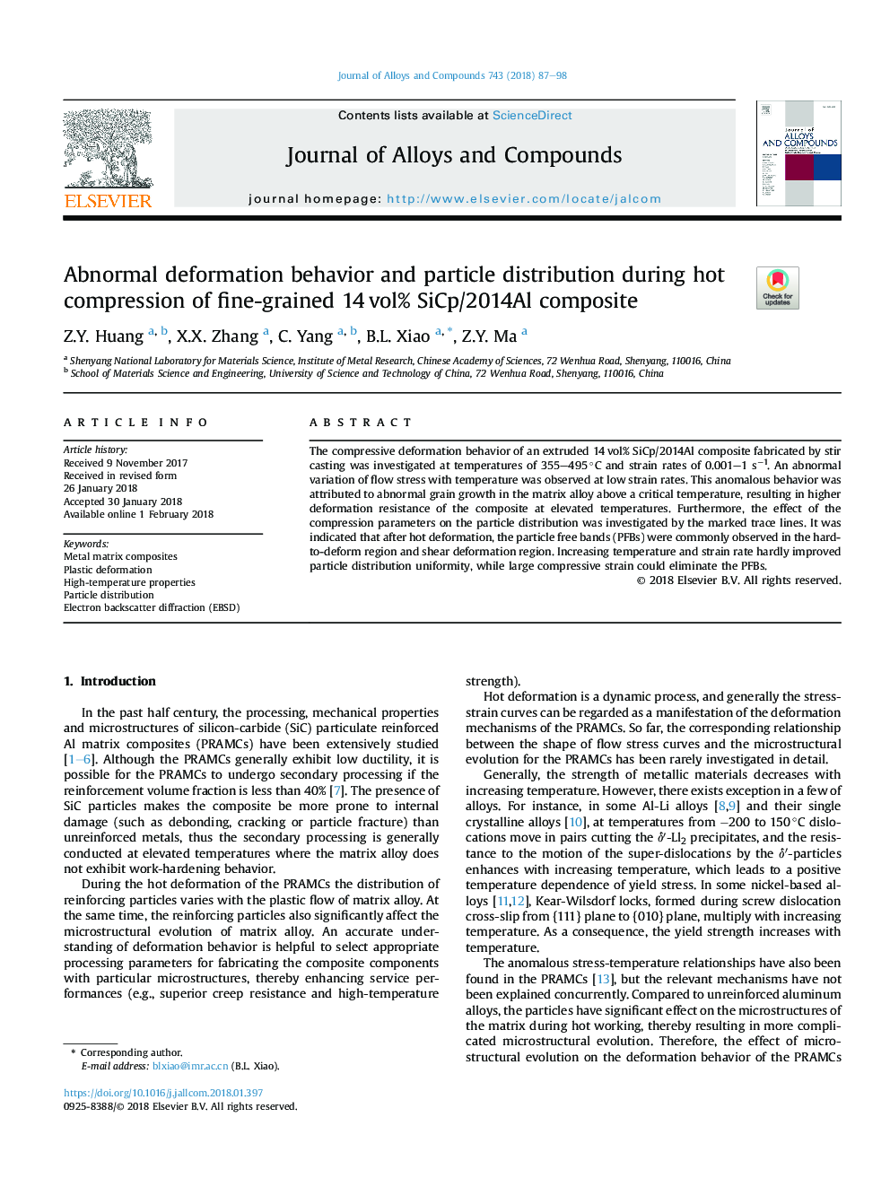 Abnormal deformation behavior and particle distribution during hot compression of fine-grained 14â¯vol% SiCp/2014Al composite