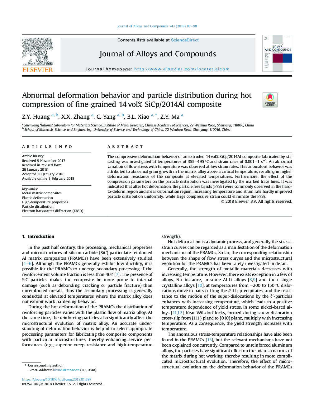 عکس صفحه اول مقاله: Abnormal deformation behavior and particle distribution during hot compression of fine-grained 14â¯vol% SiCp/2014Al composite Abnormal deformation behavior and particle distribution during hot compression of fine-grained 14â¯vol% SiCp/2014Al composite