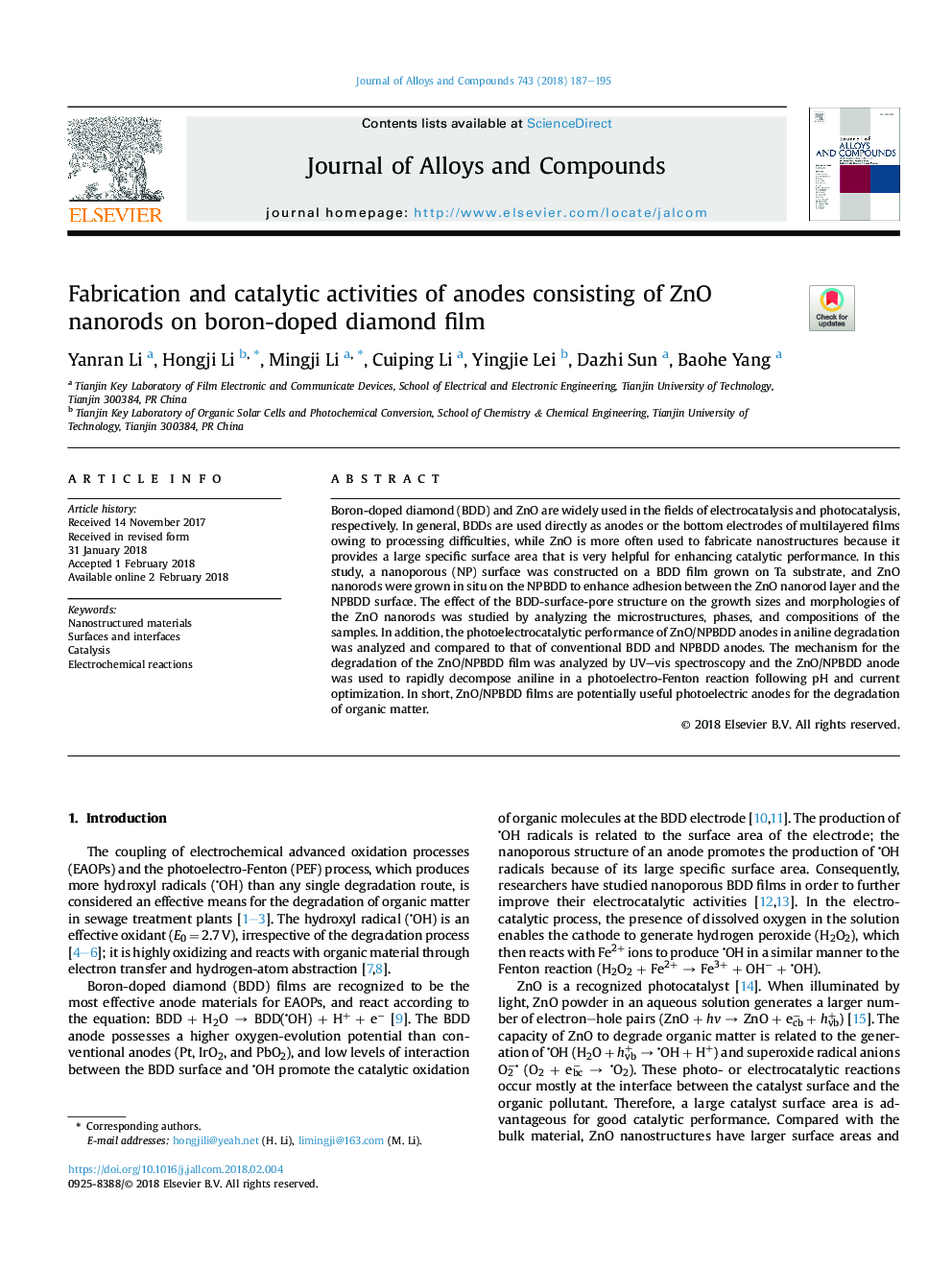 Fabrication and catalytic activities of anodes consisting of ZnO nanorods on boron-doped diamond film