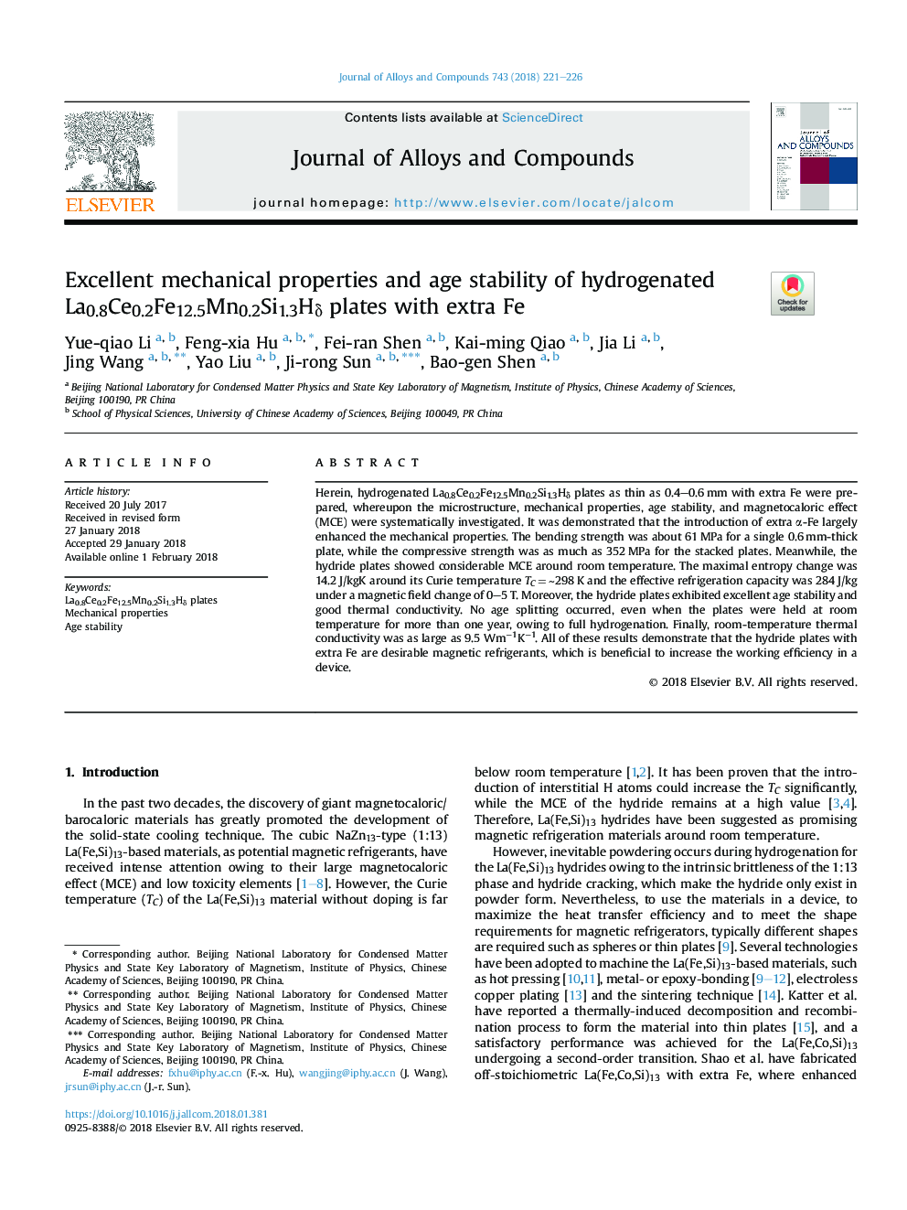 Excellent mechanical properties and age stability of hydrogenated La0.8Ce0.2Fe12.5Mn0.2Si1.3HÎ´ plates with extra Fe