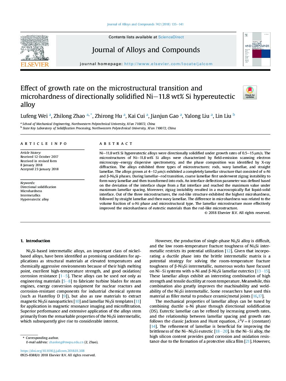 Effect of growth rate on the microstructural transition and microhardness of directionally solidified Ni-11.8â¯wt% Si hypereutectic alloy