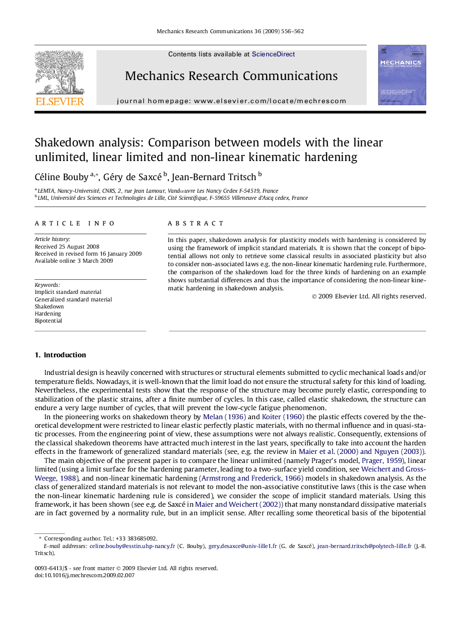 Shakedown analysis: Comparison between models with the linear unlimited, linear limited and non-linear kinematic hardening