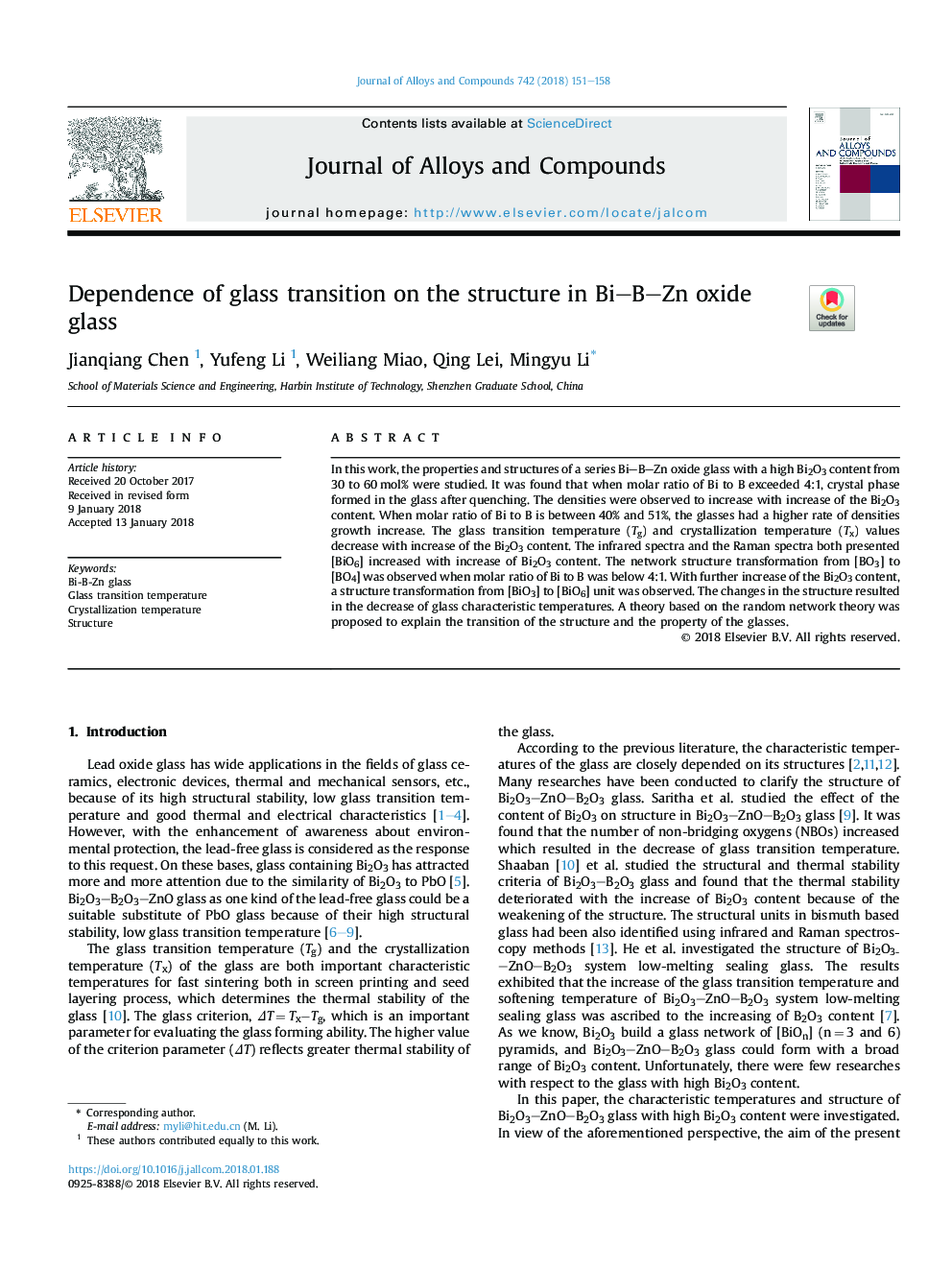 Dependence of glass transition on the structure in BiBZn oxide glass