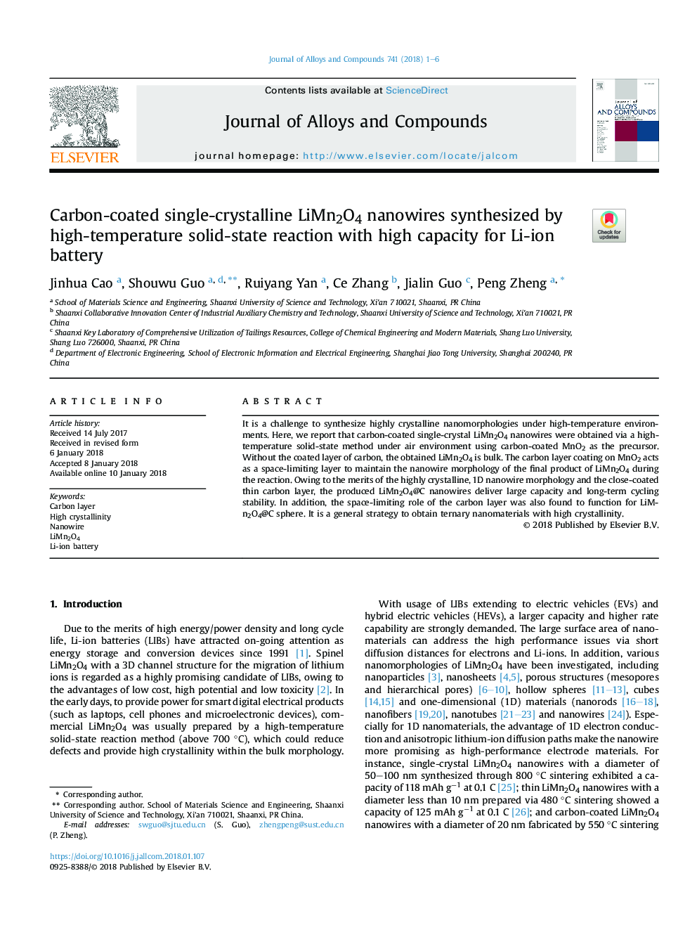 Carbon-coated single-crystalline LiMn2O4 nanowires synthesized by high-temperature solid-state reaction with high capacity for Li-ion battery