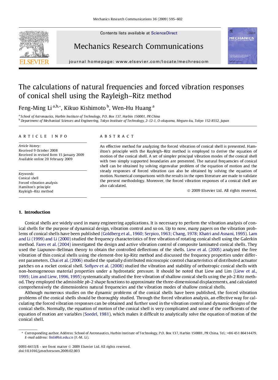 The calculations of natural frequencies and forced vibration responses of conical shell using the Rayleigh–Ritz method