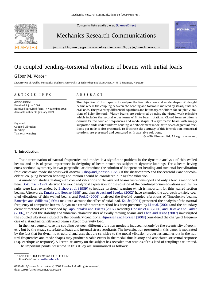 On coupled bending–torsional vibrations of beams with initial loads