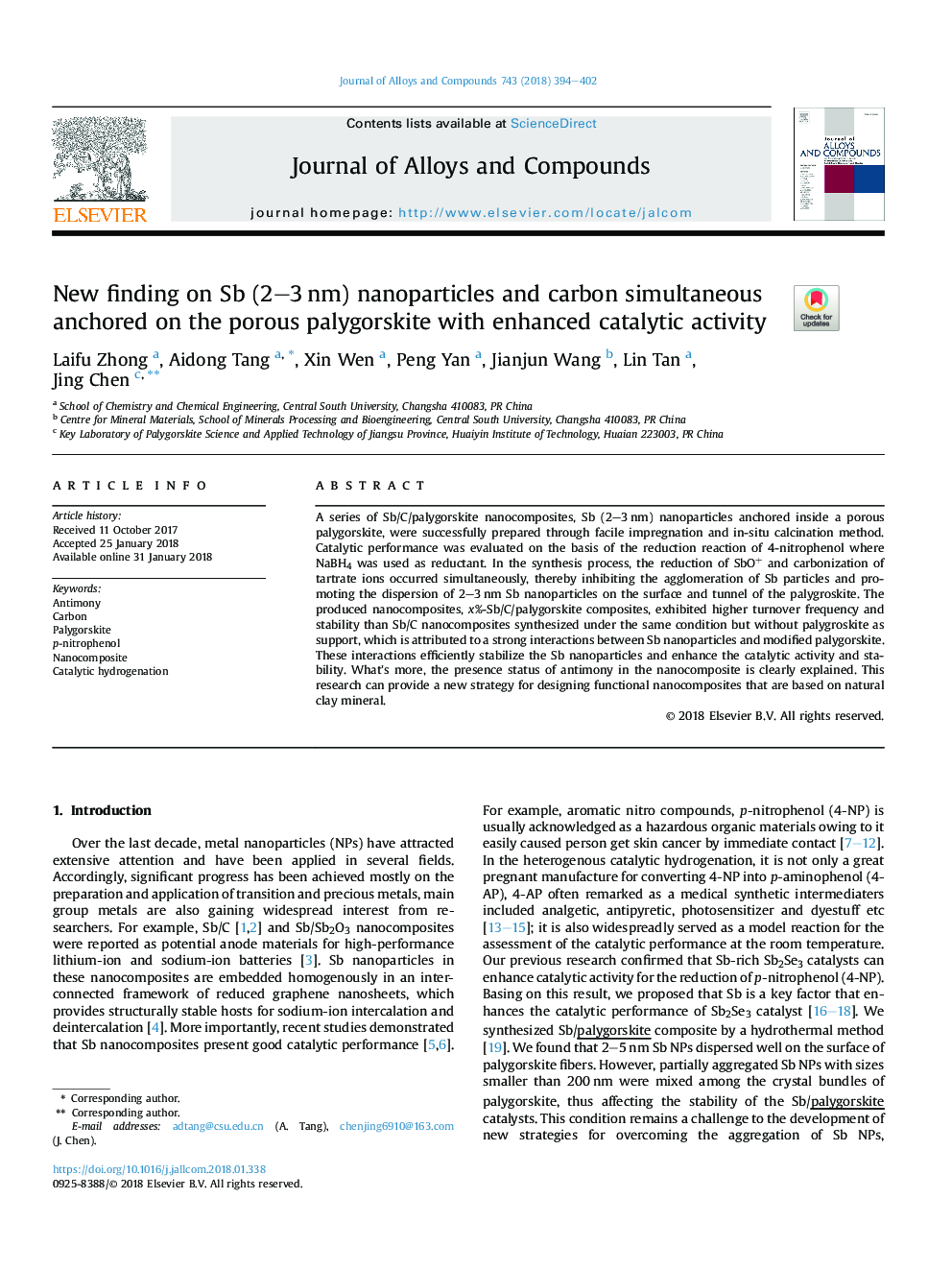 New finding on Sb (2-3â¯nm) nanoparticles and carbon simultaneous anchored on the porous palygorskite with enhanced catalytic activity