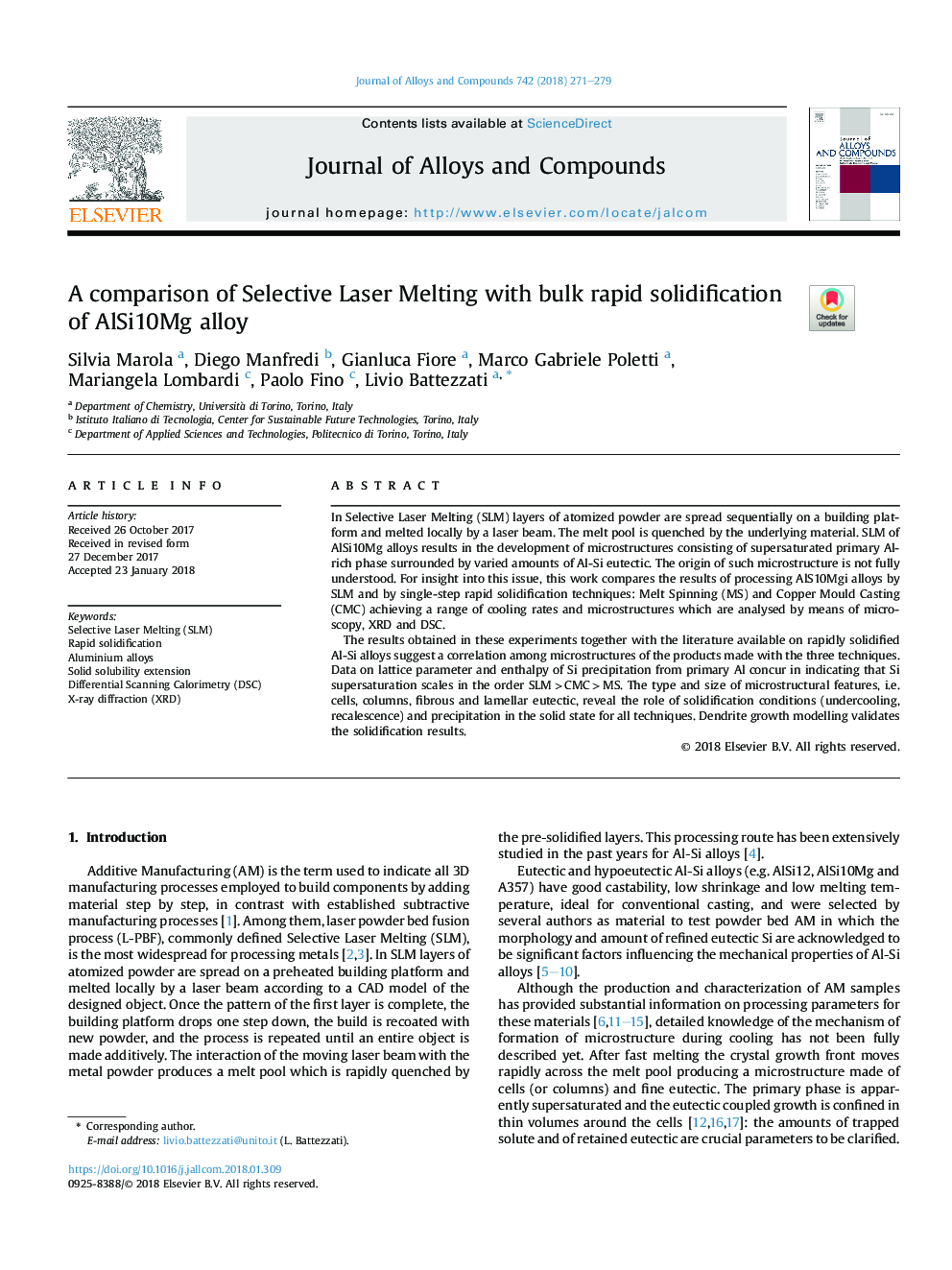 A comparison of Selective Laser Melting with bulk rapid solidification of AlSi10Mg alloy