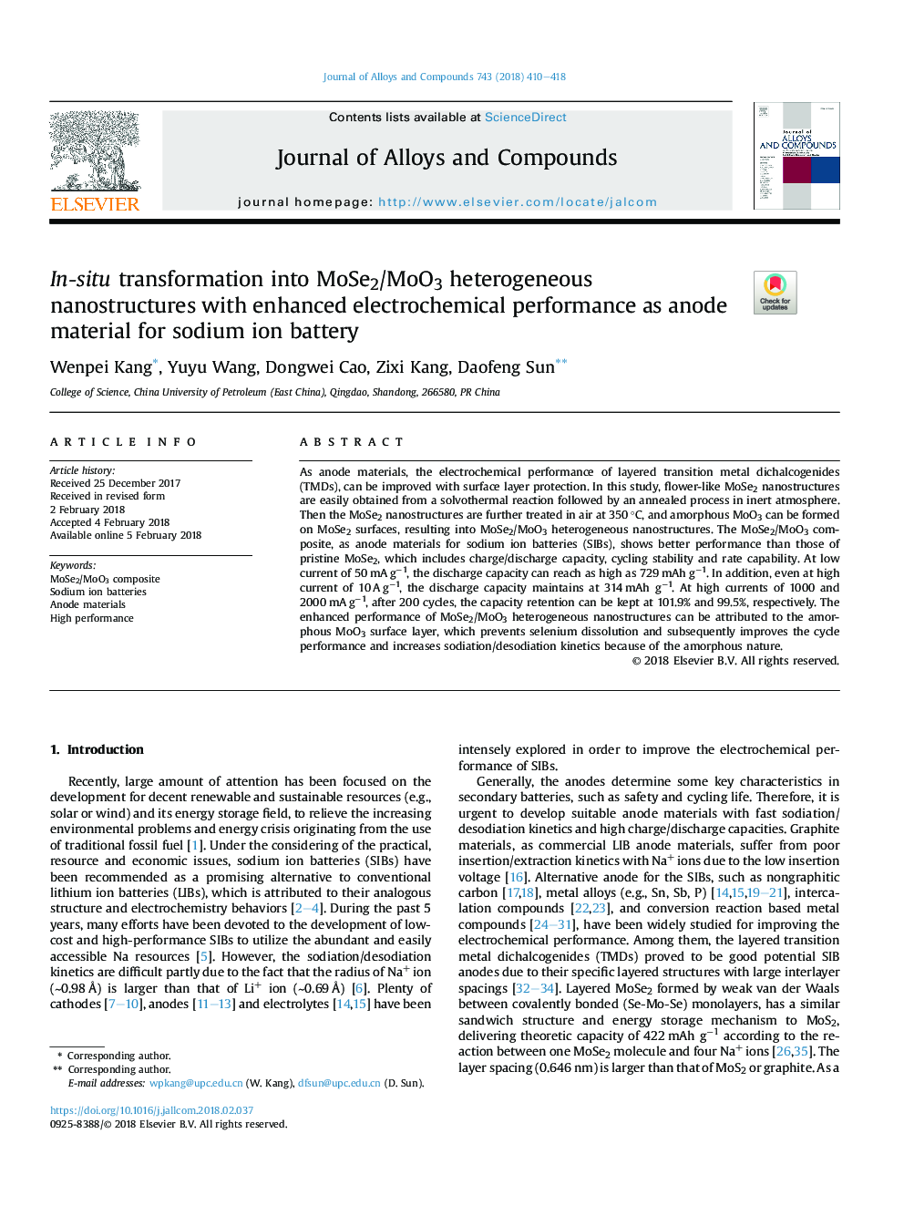 In-situ transformation into MoSe2/MoO3 heterogeneous nanostructures with enhanced electrochemical performance as anode material for sodium ion battery