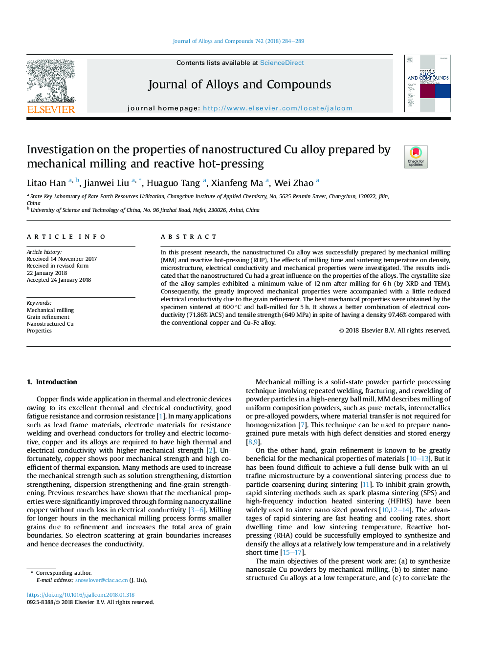 Investigation on the properties of nanostructured Cu alloy prepared by mechanical milling and reactive hot-pressing