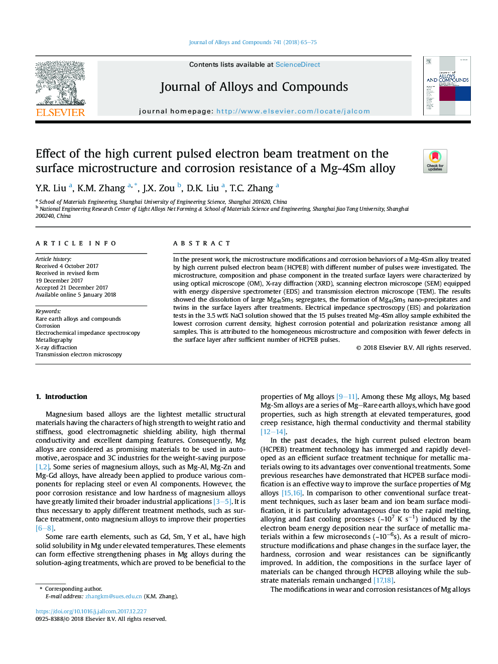 Effect of the high current pulsed electron beam treatment on the surface microstructure and corrosion resistance of a Mg-4Sm alloy