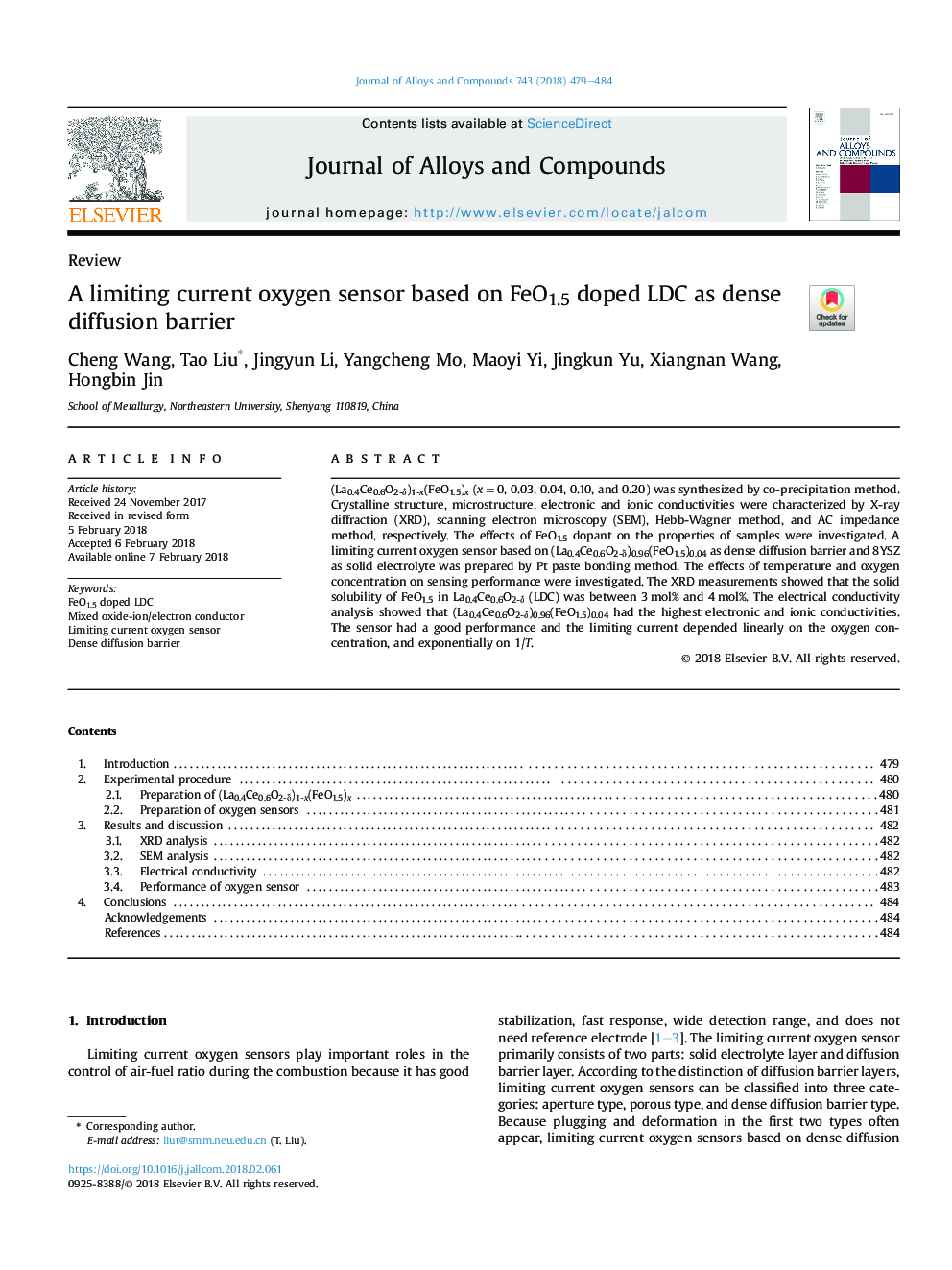 A limiting current oxygen sensor based on FeO1.5 doped LDC as dense diffusion barrier