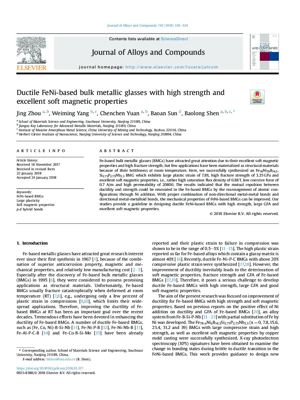 Ductile FeNi-based bulk metallic glasses with high strength and excellent soft magnetic properties