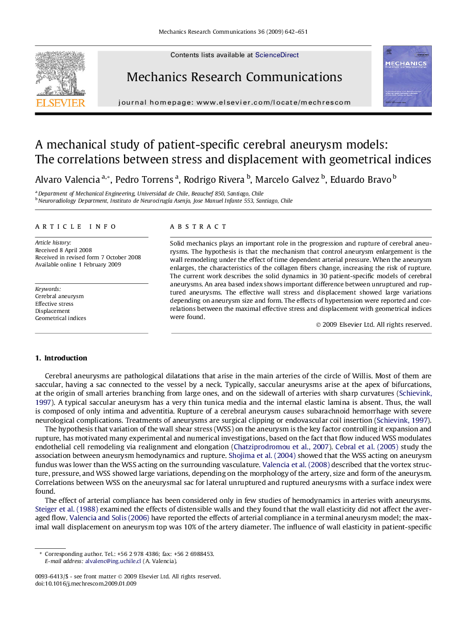 A mechanical study of patient-specific cerebral aneurysm models: The correlations between stress and displacement with geometrical indices