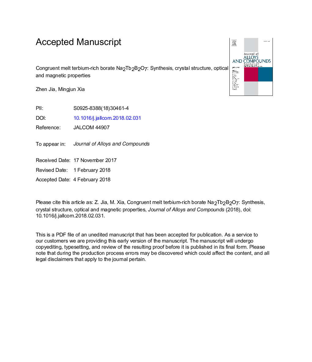 Congruent melt terbium-rich borate Na2Tb2B2O7: Synthesis, crystal structure, optical and magnetic properties