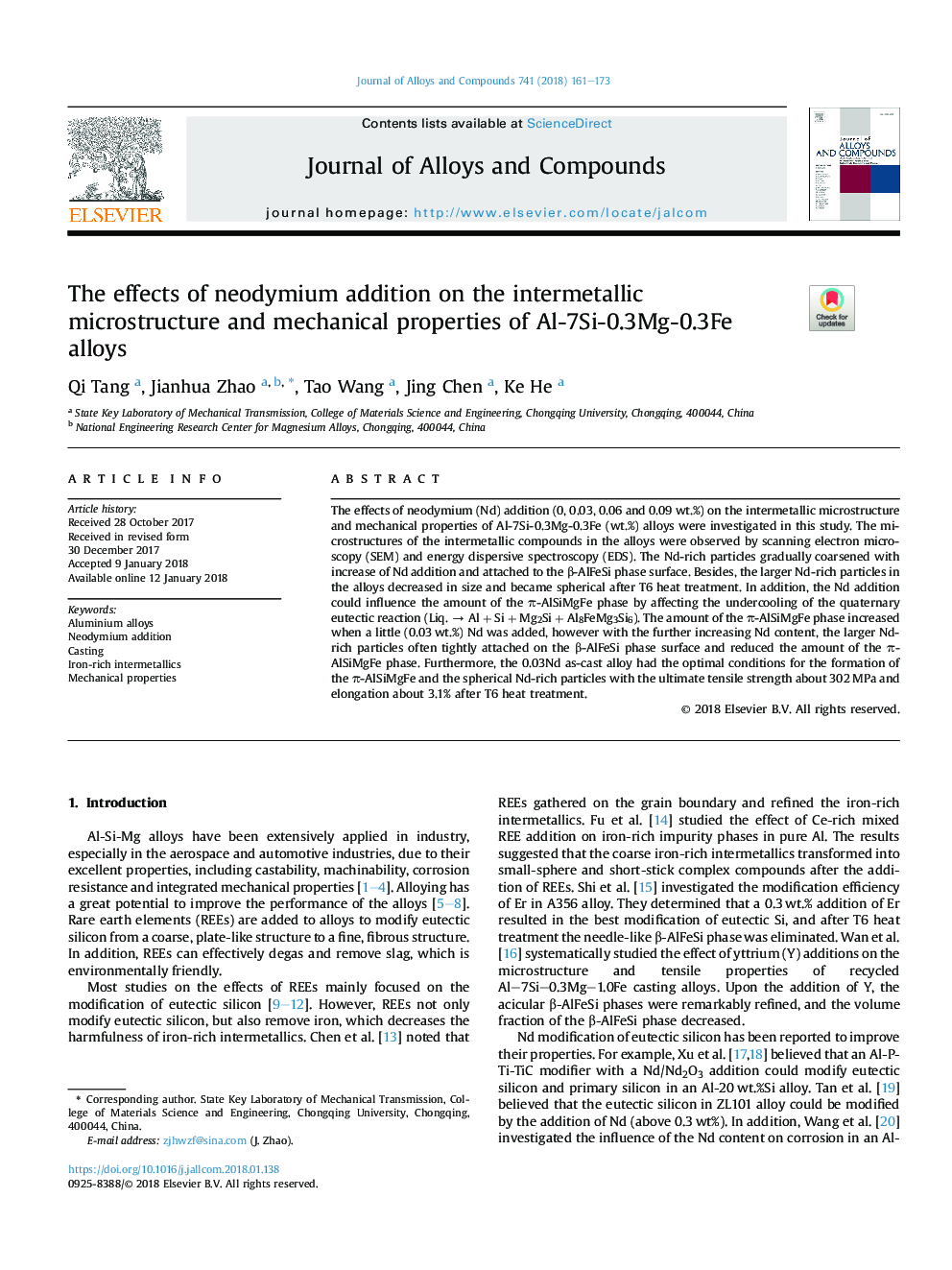 The effects of neodymium addition on the intermetallic microstructure and mechanical properties of Al-7Si-0.3Mg-0.3Fe alloys