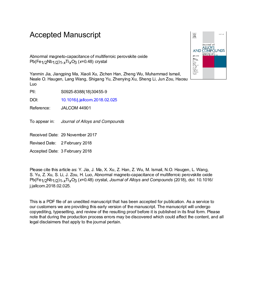 Abnormal magnetocapacitance of multiferroic perovskite oxide Pb(Fe1/2Nb1/2)1-xTixO3 (x=0.48) crystal
