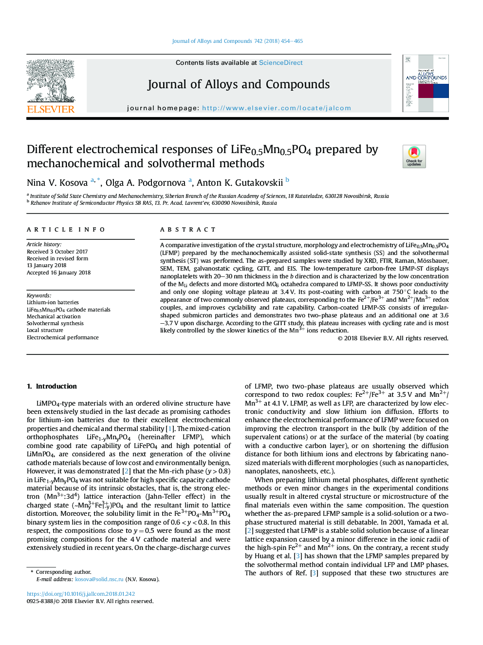 Different electrochemical responses of LiFe0.5Mn0.5PO4 prepared by mechanochemical and solvothermal methods