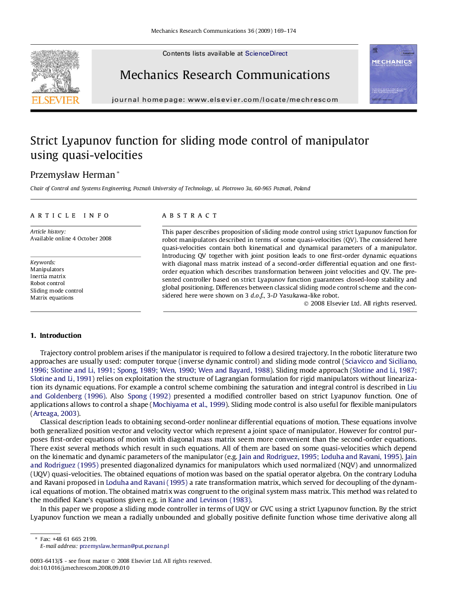 Strict Lyapunov function for sliding mode control of manipulator using quasi-velocities