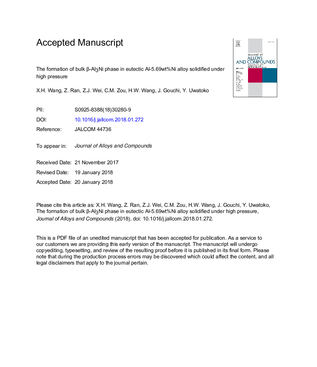 The formation of bulk Î²-Al3Ni phase in eutectic Al-5.69wt%Ni alloy solidified under high pressure