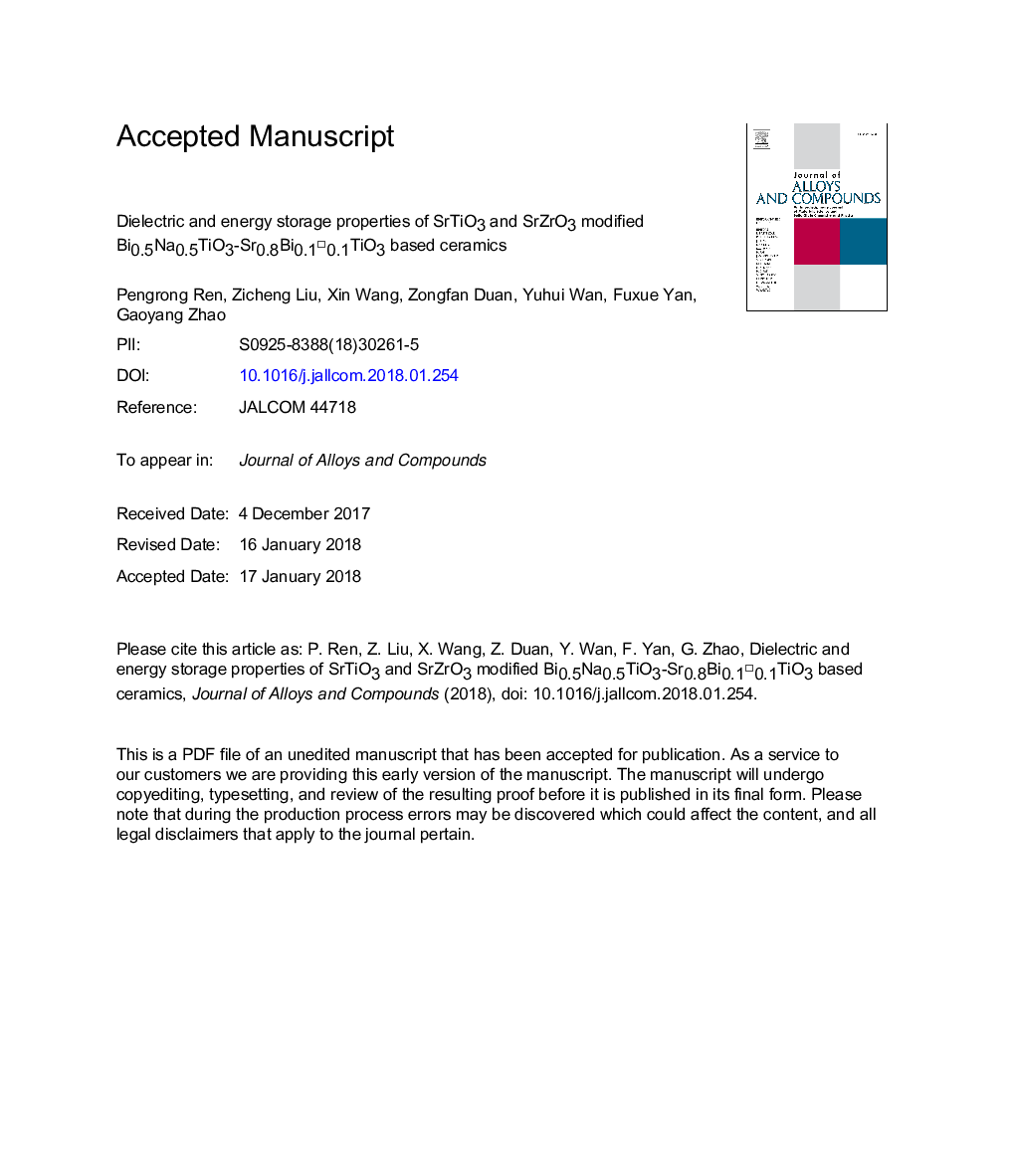 Dielectric and energy storage properties of SrTiO3 and SrZrO3 modified Bi0.5Na0.5TiO3-Sr0.8Bi0.1â¡0.1TiO3 based ceramics