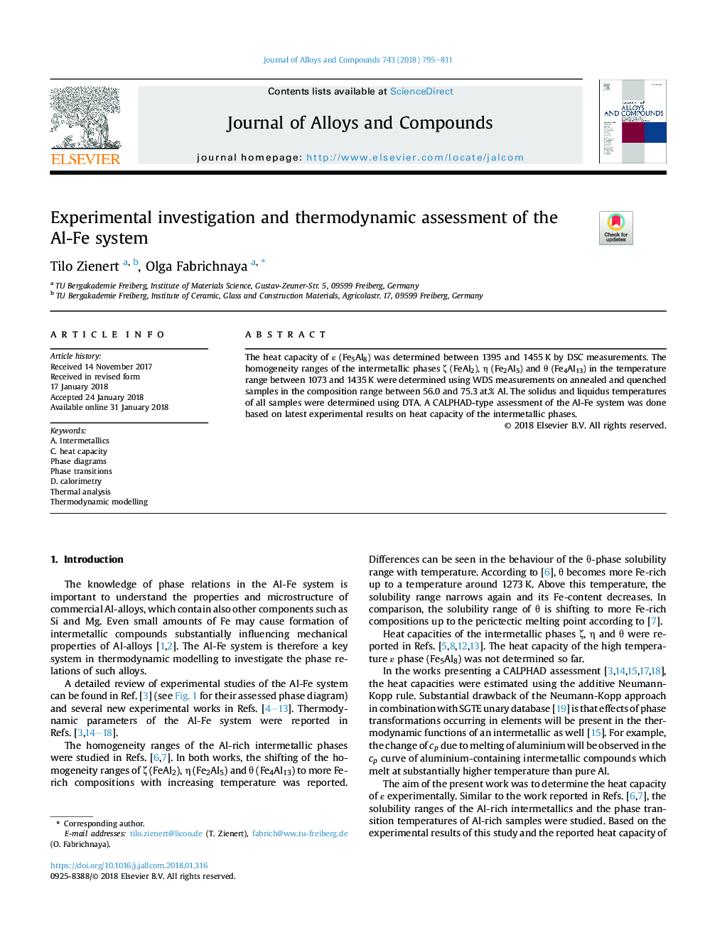 Experimental investigation and thermodynamic assessment of the Al-Fe system