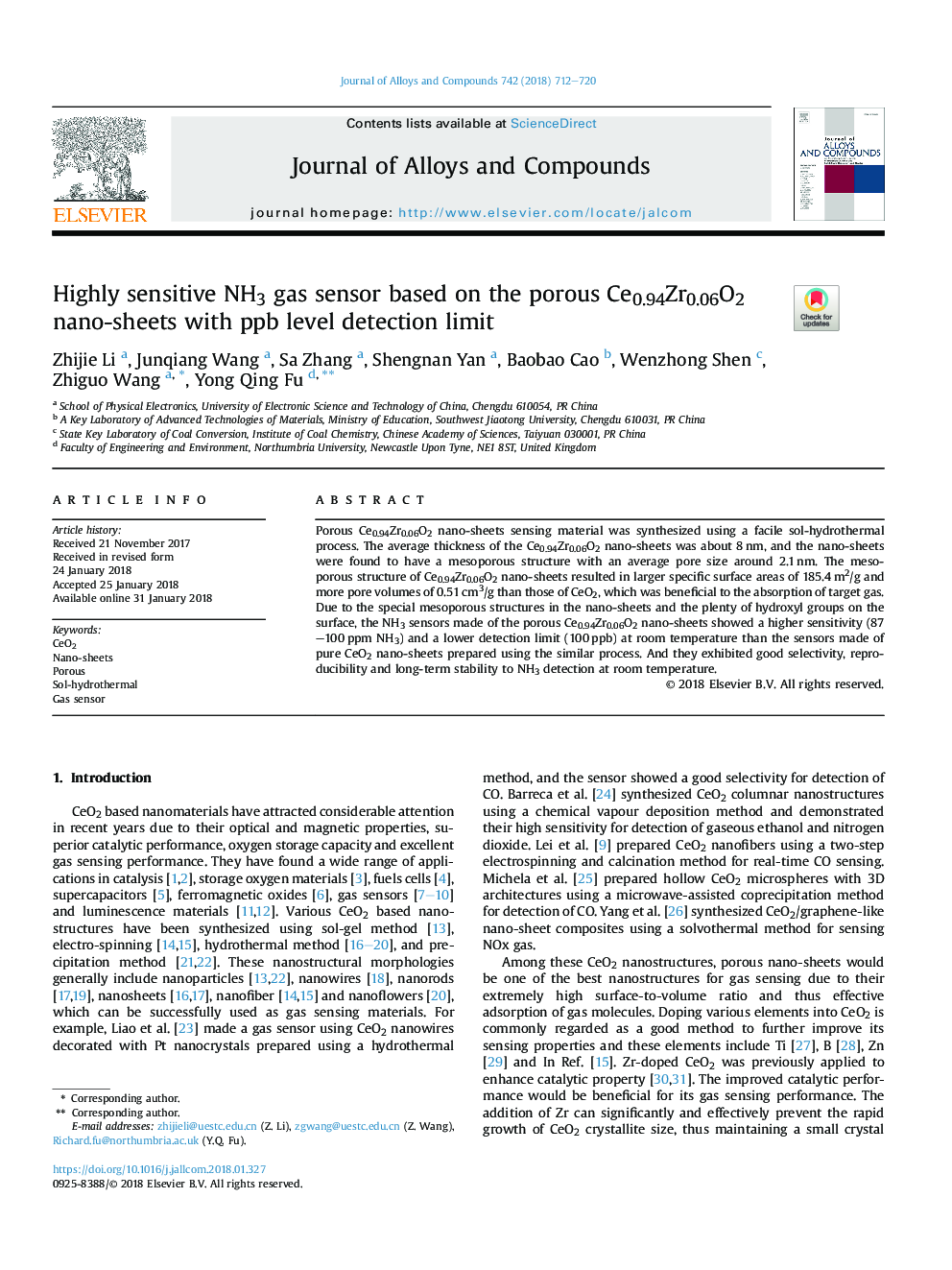 Highly sensitive NH3 gas sensor based on the porous Ce0.94Zr0.06O2 nano-sheets with ppb level detection limit