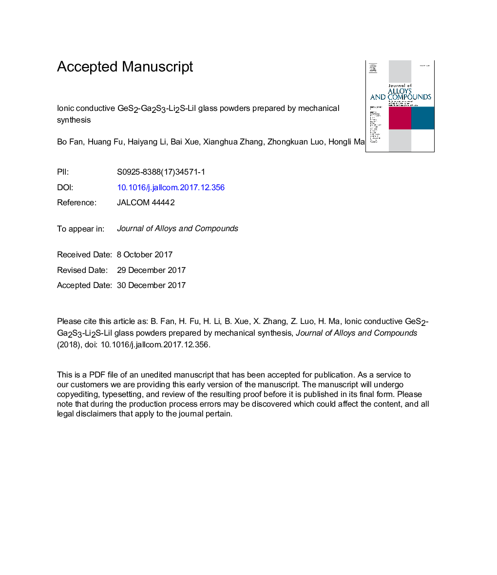 Ionic conductive GeS2-Ga2S3-Li2S-LiI glass powders prepared by mechanical synthesis